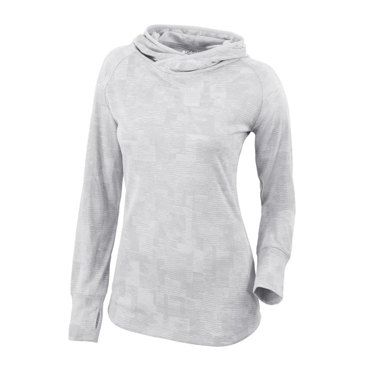 Light gray long-sleeve women's pullover with a subtle geometric pattern, featuring an asymmetrical cowl neck and thumbhole cuffs.