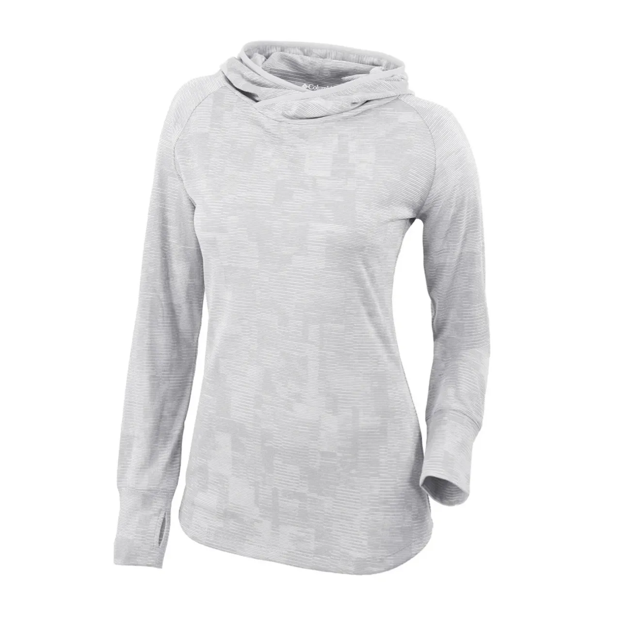 Light gray long-sleeve women's pullover with a subtle geometric pattern, featuring an asymmetrical cowl neck and thumbhole cuffs.