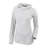 Light gray long-sleeve women's pullover with a subtle geometric pattern, featuring an asymmetrical cowl neck and thumbhole cuffs.