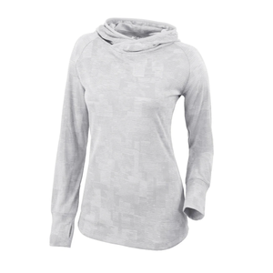 Light gray long-sleeve women's pullover with a subtle geometric pattern, featuring an asymmetrical cowl neck and thumbhole cuffs.