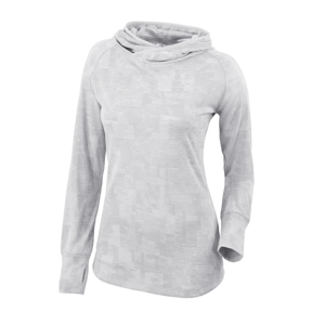 Light gray long-sleeve women's pullover with a subtle geometric pattern, featuring an asymmetrical cowl neck and thumbhole cuffs.