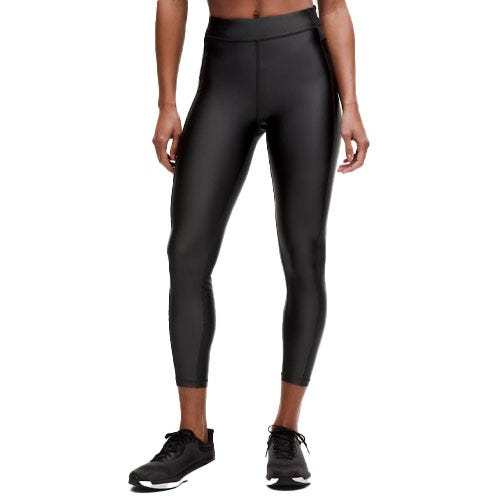 Black high-waisted leggings with a shiny, leather-like finish, paired with black athletic shoes.