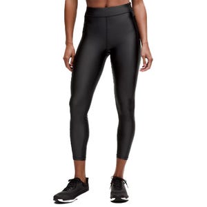 Black high-waisted leggings with a shiny, leather-like finish, paired with black athletic shoes.