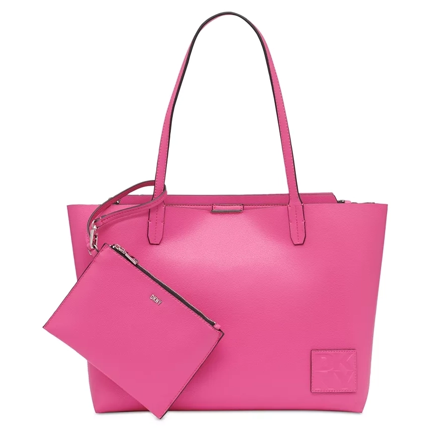 Bright pink tote bag with matching detachable pouch, both featuring silver-tone hardware details.