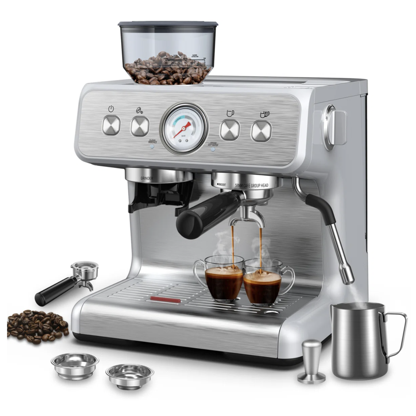 Espresso machine with built-in grinder, pressure gauge, and steam wand, shown with two espresso shots, additional portafilters, tamper, frothing pitcher, and coffee beans.
