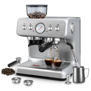 Espresso machine with built-in grinder, pressure gauge, and steam wand, shown with two espresso shots, additional portafilters, tamper, frothing pitcher, and coffee beans.