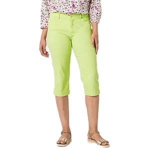 Bright green capri pants paired with a floral blouse and gold sandals, featuring a slim fit and knee-length design.