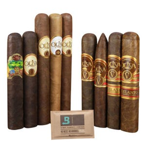 A selection of cigars with various wrappers and labels, accompanied by a small humidity control packet.