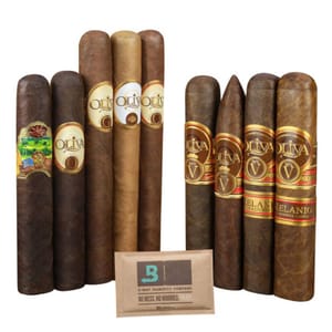 A selection of cigars with various wrappers and labels, accompanied by a small humidity control packet.