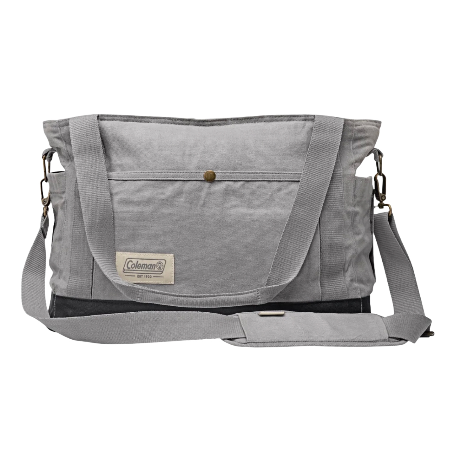 18\“ Coleman Soft Cooler Tote in gray with dual handles and adjustable shoulder strap, featuring a front pocket with a snap button closure and a Coleman label.
