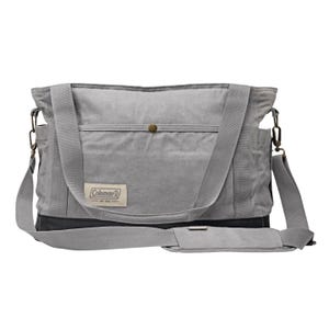 18\“ Coleman Soft Cooler Tote in gray with dual handles and adjustable shoulder strap, featuring a front pocket with a snap button closure and a Coleman label.