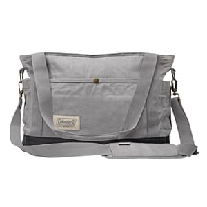 18\“ Coleman Soft Cooler Tote in gray with dual handles and adjustable shoulder strap, featuring a front pocket with a snap button closure and a Coleman label.