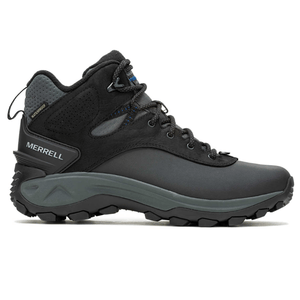 A black Merrell waterproof hiking boot with a high ankle, black laces, and a rugged gray sole designed for outdoor use.