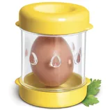 Egg cooker with a transparent plastic container and yellow lid, designed to cook an egg using steam.