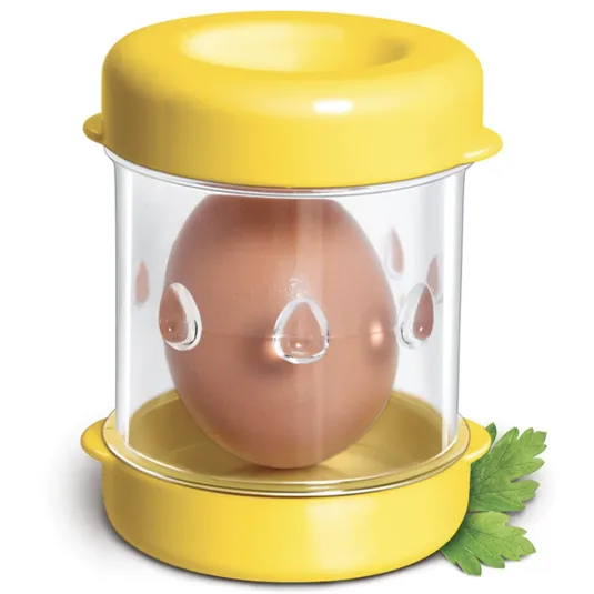 Egg cooker with a transparent plastic container and yellow lid, designed to cook an egg using steam.