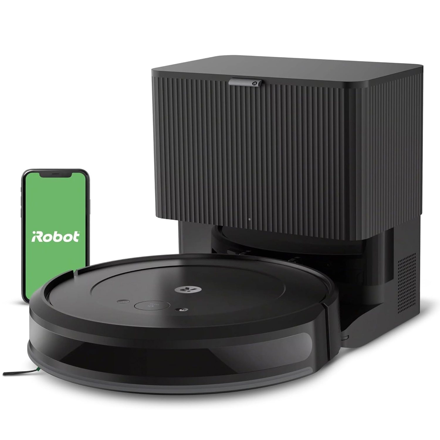 iRobot Roomba Self-Emptying Vacuum, featuring a round robot vacuum with a sleek design and a docking station for automatic debris disposal, accompanied by a smartphone showing the iRobot app for remote control.