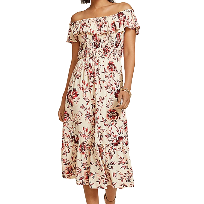 Off-shoulder floral dress with ruffle detailing, featuring a smocked bodice and a flowing midi-length skirt in a cream and red pattern.