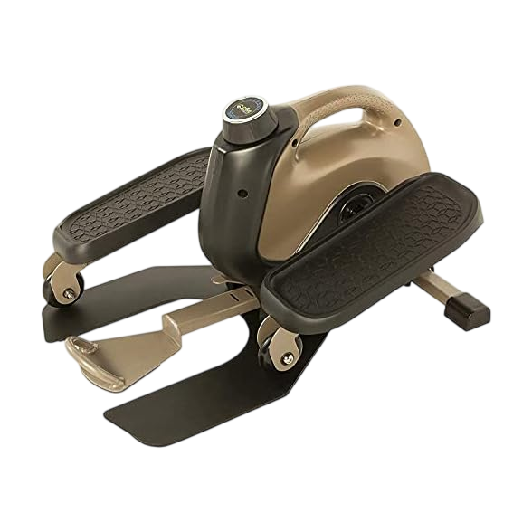 Compact under-desk elliptical machine with non-slip pedals and a built-in display monitor, ideal for low-impact exercise while sitting.