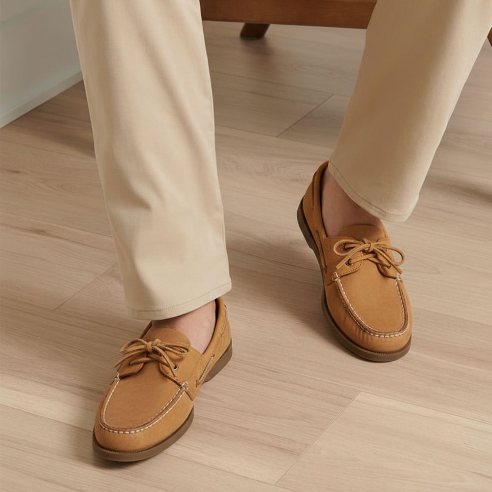 A person is wearing light brown boat shoes with dark soles and beige pants on a light wood floor. The shoes feature laces and stitching details.
