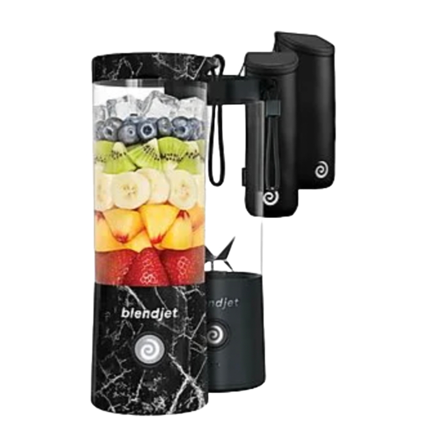 Portable blender with a marble design, filled with layered fruits like blueberries, kiwis, bananas, peaches, and strawberries; includes a carrying pouch.