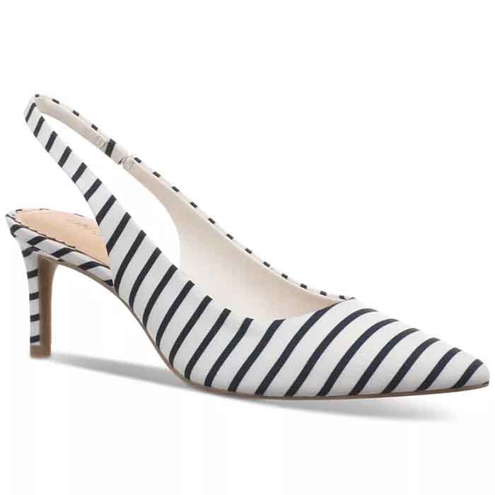 A black and white striped slingback pump with a pointed toe and a mid-height heel.