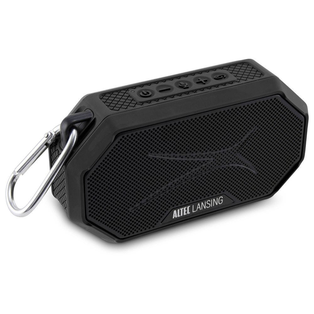 A black Altec Lansing Bluetooth speaker with a rugged design, featuring control buttons on the top and a carabiner clip for portability.