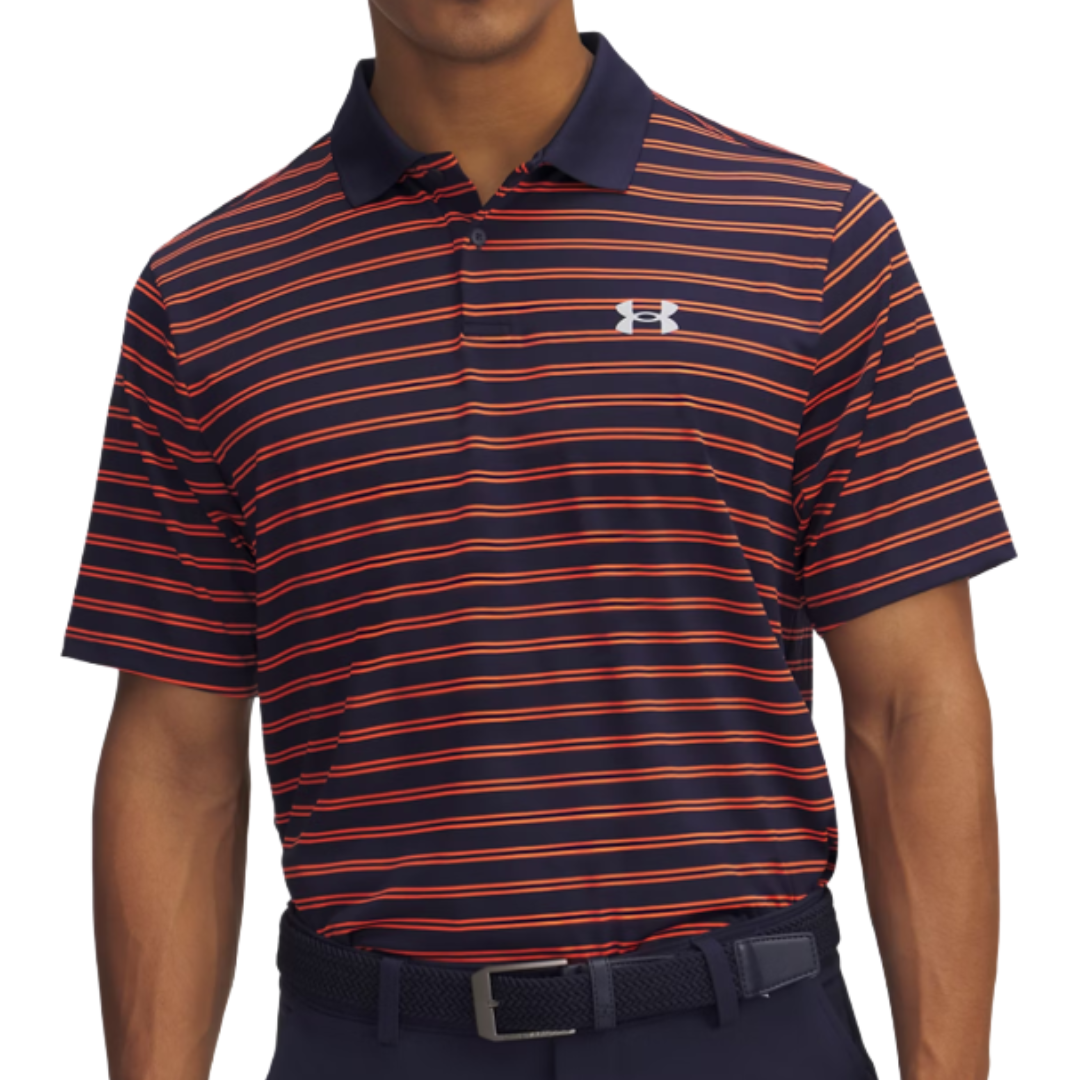 Navy blue and orange striped polo shirt with a buttoned collar and a prominent logo on the chest, worn with a dark belt and pants.