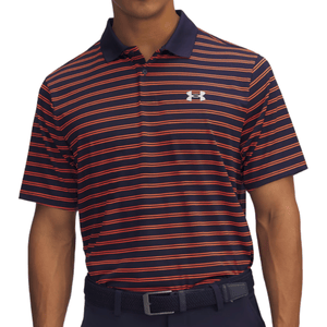 Navy blue and orange striped polo shirt with a buttoned collar and a prominent logo on the chest, worn with a dark belt and pants.