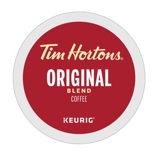 Tim Hortons Original Blend Coffee K-Cup for Keurig, featuring a red and white design with the logo prominently displayed.