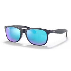 Sunglasses with black frames and blue gradient lenses, displaying a white logo on the top corner of the lenses and arms.