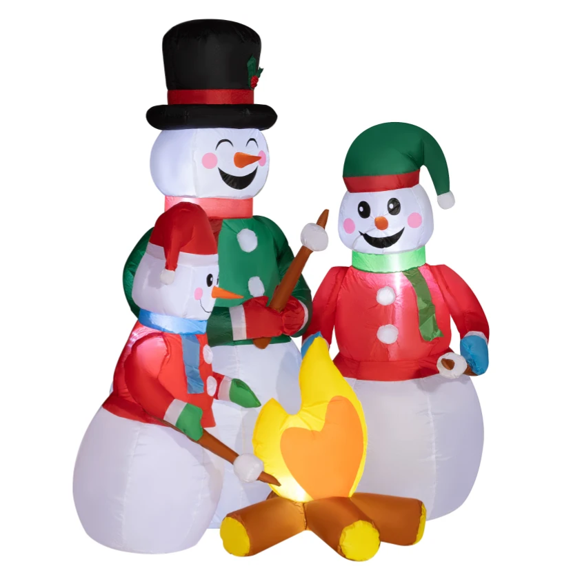 Inflatable snowmen family decoration featuring three snowmen dressed in festive attire, gathered around a simulated campfire.