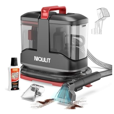 A NIQULIT portable carpet cleaner with a detachable hose, cleaning solution bottle, and additional attachment nozzles is shown.