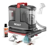 A NIQULIT portable carpet cleaner with a detachable hose, cleaning solution bottle, and additional attachment nozzles is shown.