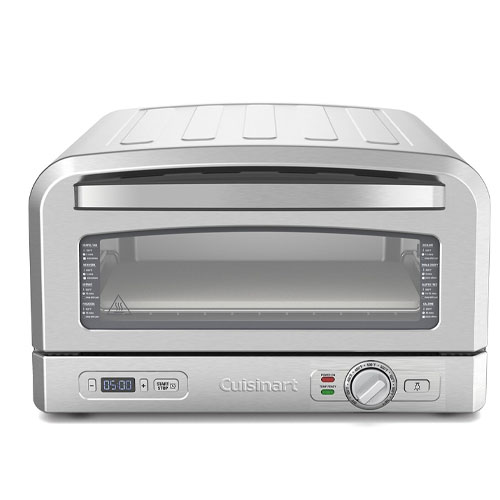 Cuisinart countertop pizza oven with digital display and controls, featuring a stainless steel design and viewing window.