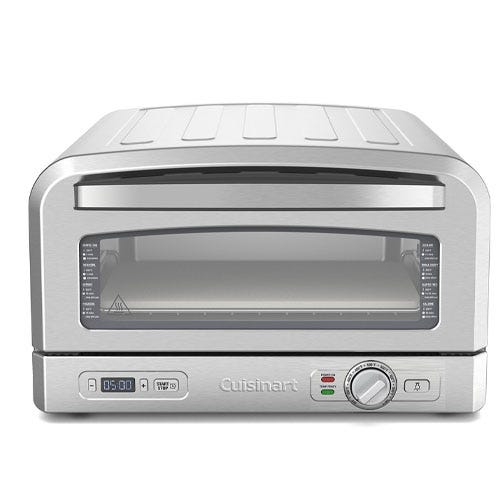 Cuisinart countertop pizza oven with digital display and controls, featuring a stainless steel design and viewing window.