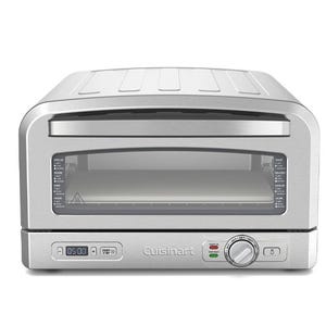 Cuisinart countertop pizza oven with digital display and controls, featuring a stainless steel design and viewing window.
