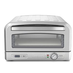 Cuisinart countertop pizza oven with digital display and controls, featuring a stainless steel design and viewing window.