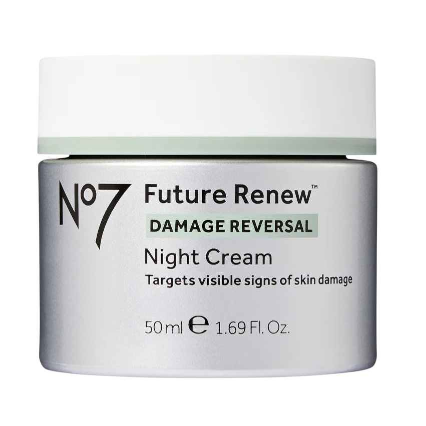No7 Future Renew Damage Reversal Night Cream, 50 ml (1.69 Fl. Oz), targets visible signs of skin damage.