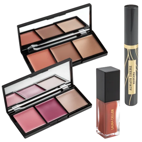 Cosmetics set featuring two face palettes, one with blush and bronzer shades, the other with pink and beige colors, plus a tube of \“Always There\“ mascara and a Laura Geller lip gloss in a warm, neutral shade.