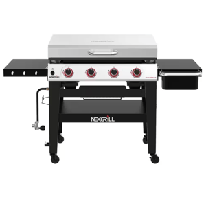 Nexgrill Daytona 4-Burner Griddle Grill features a flat top cooking surface with four control knobs, metal shelves on each side, and a lower open storage area. It's designed for outdoor use with wheel casters for easy mobility.
