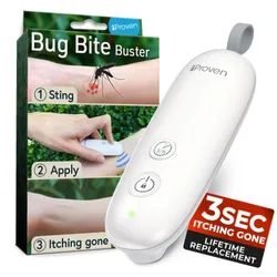 A \“Bug Bite Buster\“ device from iProven, designed to alleviate itchiness from insect bites in three seconds. The packaging illustrates a three-step process: sting, apply, and itching gone. Includes lifetime replacement.