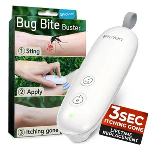 A \“Bug Bite Buster\“ device from iProven, designed to alleviate itchiness from insect bites in three seconds. The packaging illustrates a three-step process: sting, apply, and itching gone. Includes lifetime replacement.