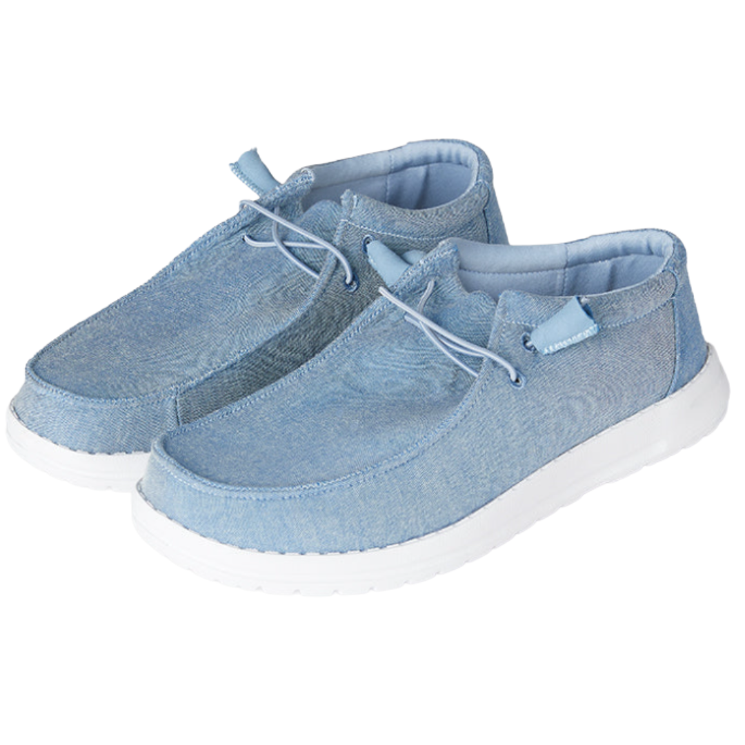 Light blue slip-on shoes with white soles, featuring a casual, denim-like fabric and simple lacing.