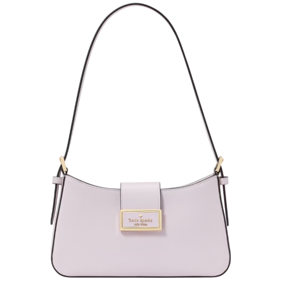 A lavender leather shoulder bag with a sleek design, featuring a top handle, gold-tone logo plaque, and minimalist detailing.
