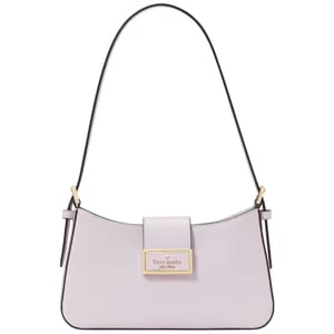 A lavender leather shoulder bag with a sleek design, featuring a top handle, gold-tone logo plaque, and minimalist detailing.