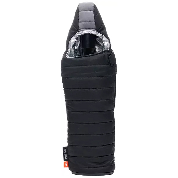 A black insulated bottle holder, resembling a puffer jacket, designed to keep drinks warm or cool. It features a padded exterior and a carrying handle.