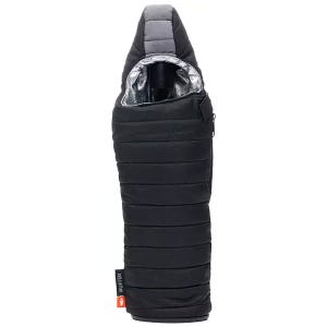 A black insulated bottle holder, resembling a puffer jacket, designed to keep drinks warm or cool. It features a padded exterior and a carrying handle.