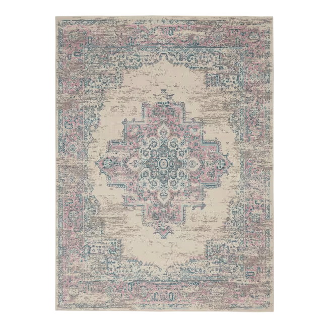 A rectangular area rug with a distressed, vintage-style design featuring a central medallion pattern in shades of pink, blue, and beige.