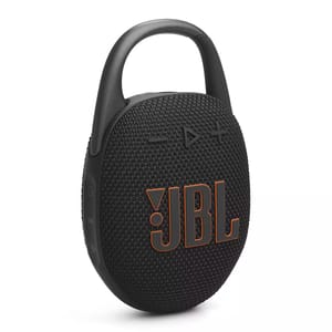 A black JBL portable Bluetooth speaker with an integrated handle, featuring the JBL logo in orange letters and control buttons on the front.