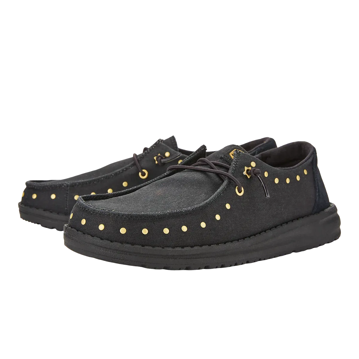 Black canvas shoes with gold-tone eyelet detailing and laces.